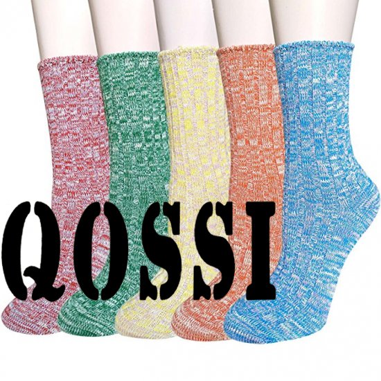 Qossi Pack of 5 Womens Multicolor Knitted Casual Crew Socks - Click Image to Close