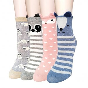 Qossi 4 Pair Womens Soft Cute Animal Pattern Casual Cartoon Crew Socks